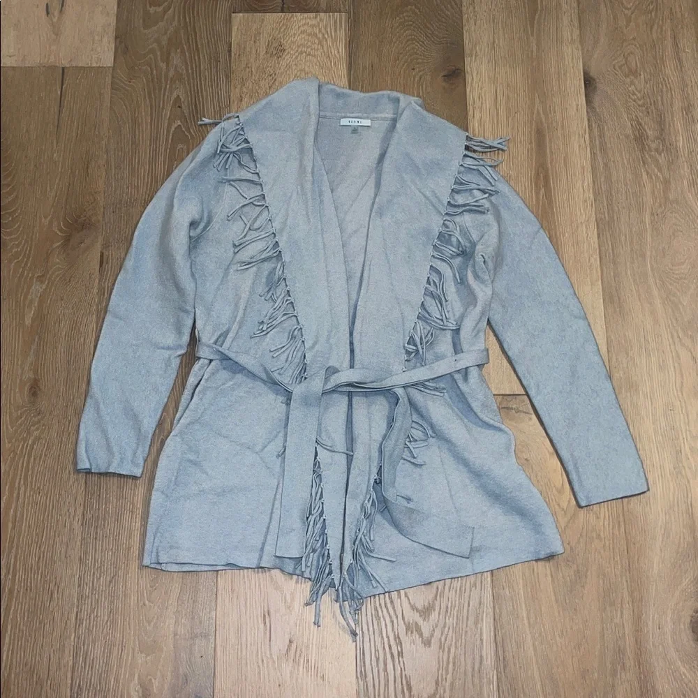 Sioni Fringe Belted Cardigan Sweater | Long Sleeve | Light Silver | Size large